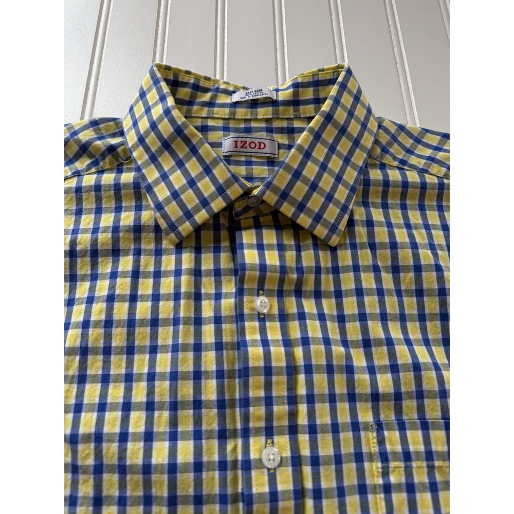 IZOD‎ Easy Care Men's Button Up Shirt Yellow Blue Check Cotton 16.5 32/33